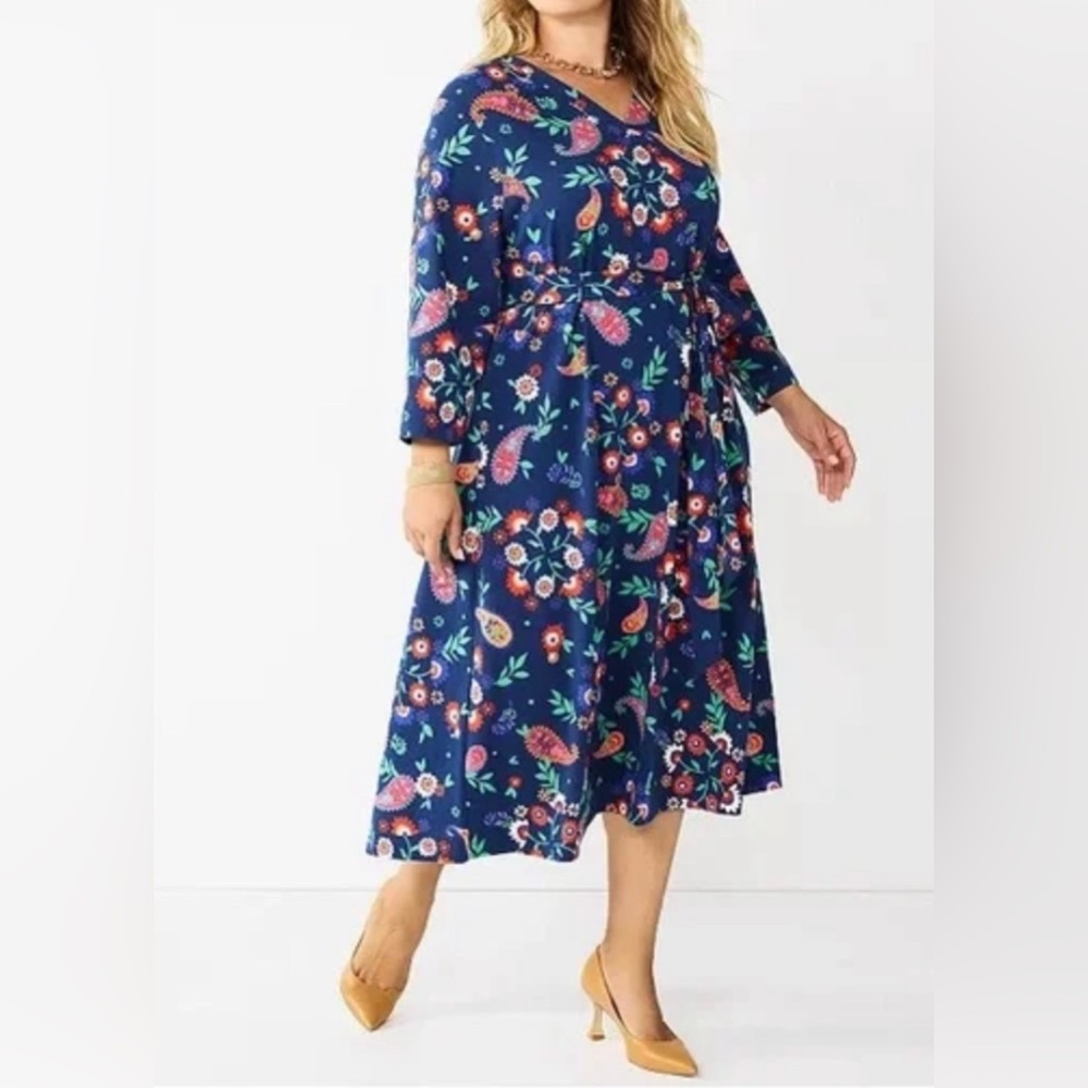 NWOT‎ Plus Size Croft & Barrow Women’s Navy Floral Midi Dress Tie Waist Sz 3X